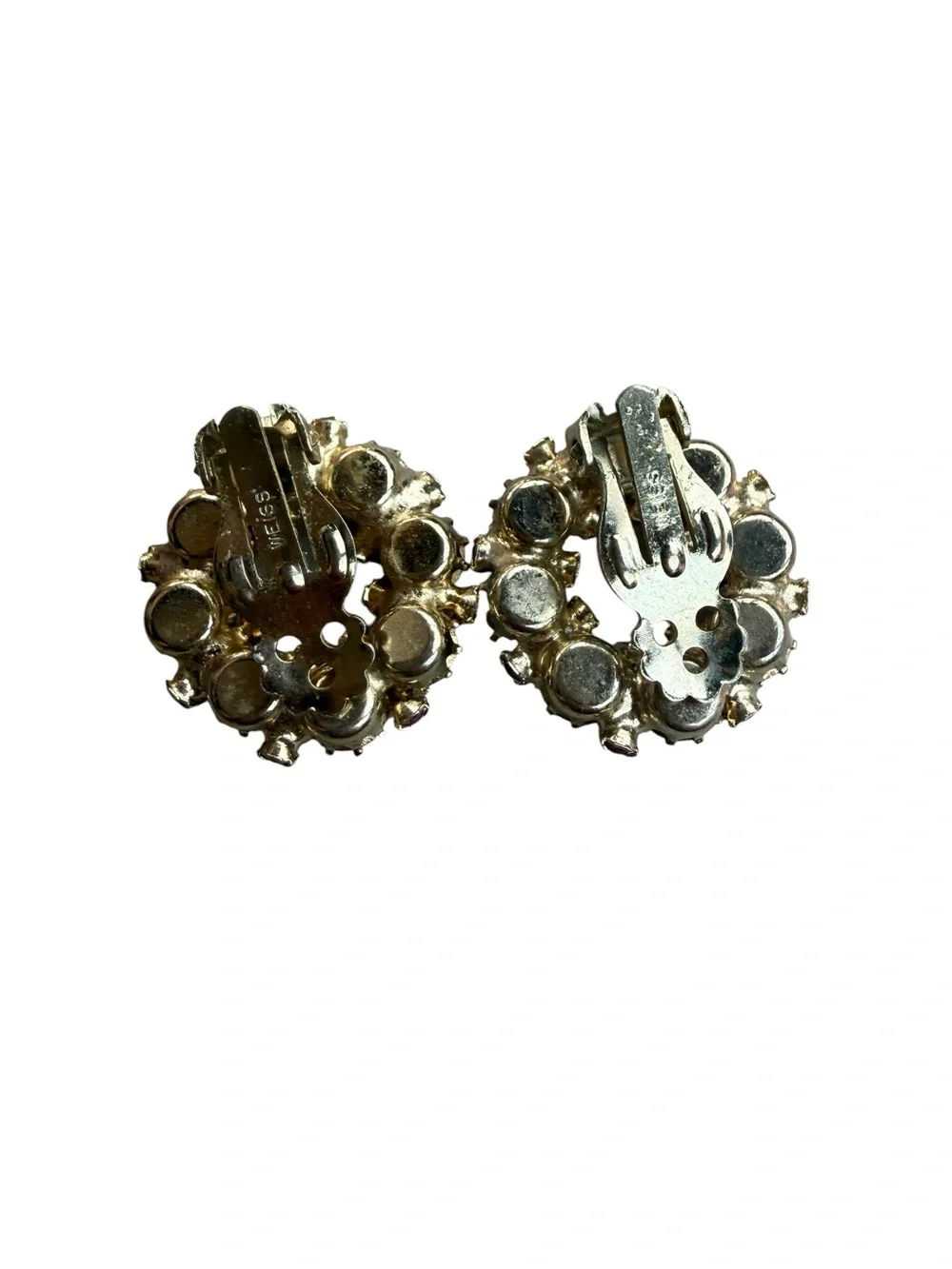 Vintage Weiss Fuchsia Pink Rhinestone Wreath Clip On Earrings Signed Mid Century - Picture 4 of 6
